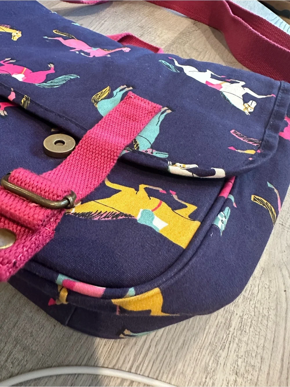 Joules Navy Crossbody Bag with Pink Strap and Multicolor Horse Print